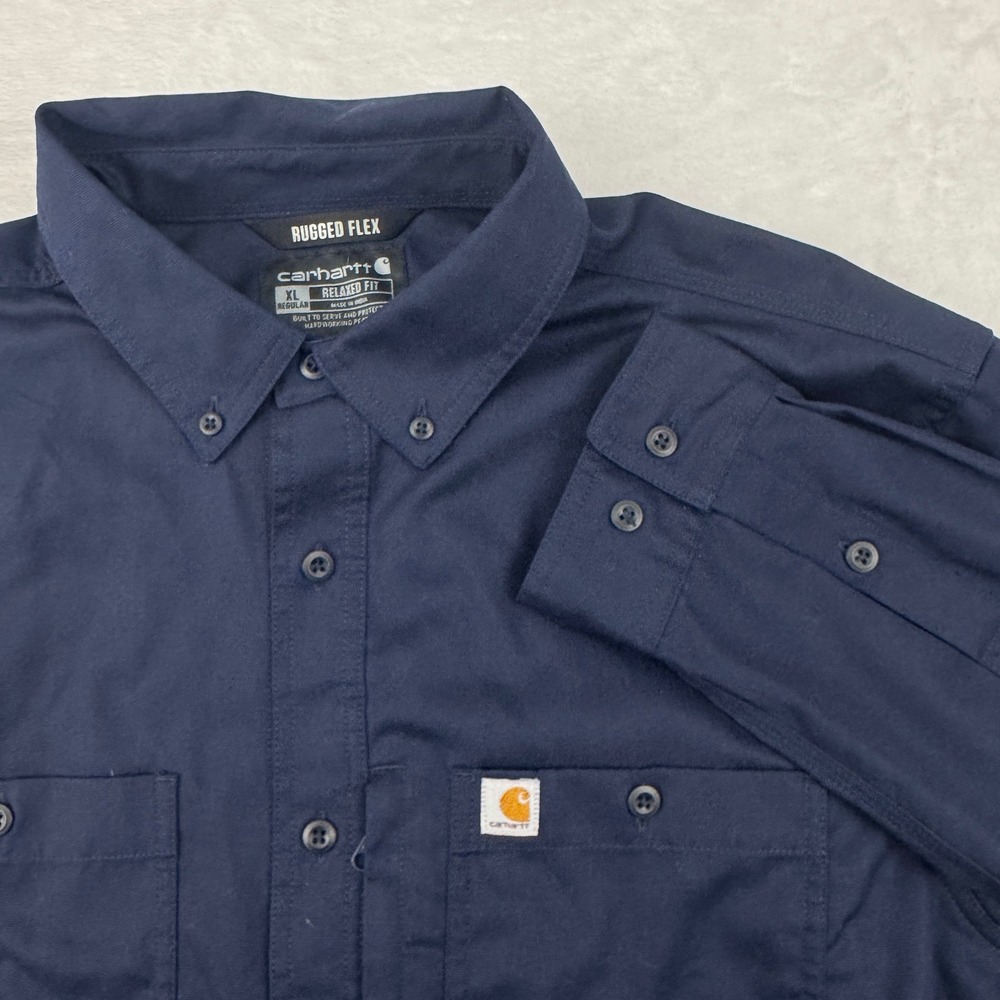 Carhartt Rugged Flex Mens XL Relaxed Fit Navy Blue Long Sleeve Work Shirt 102538